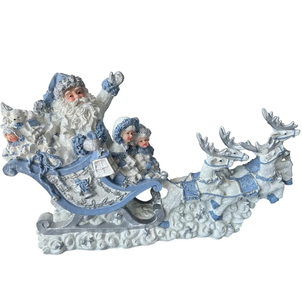 Santa Claus Sleigh and Reindeer Figurine Blue White Silver Christmas Centerpiece